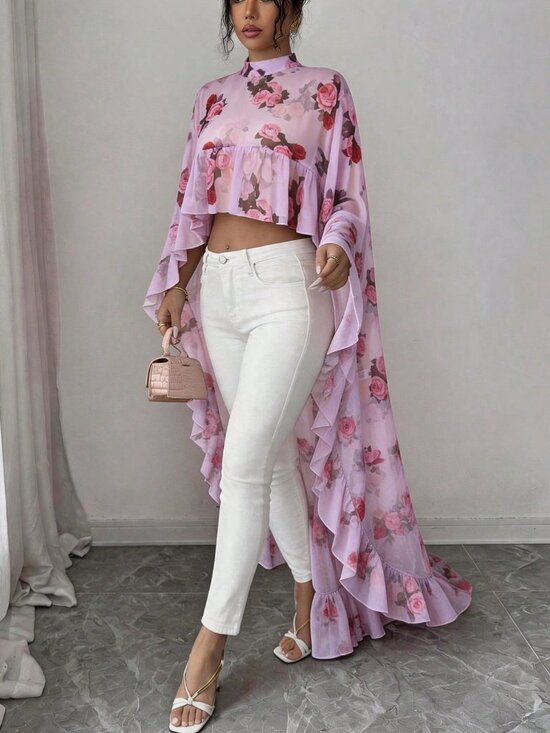 Tops - Multicolor Women's darin Collar Chiffon Floral Ruffle Trim hi-low Elegant Blouse